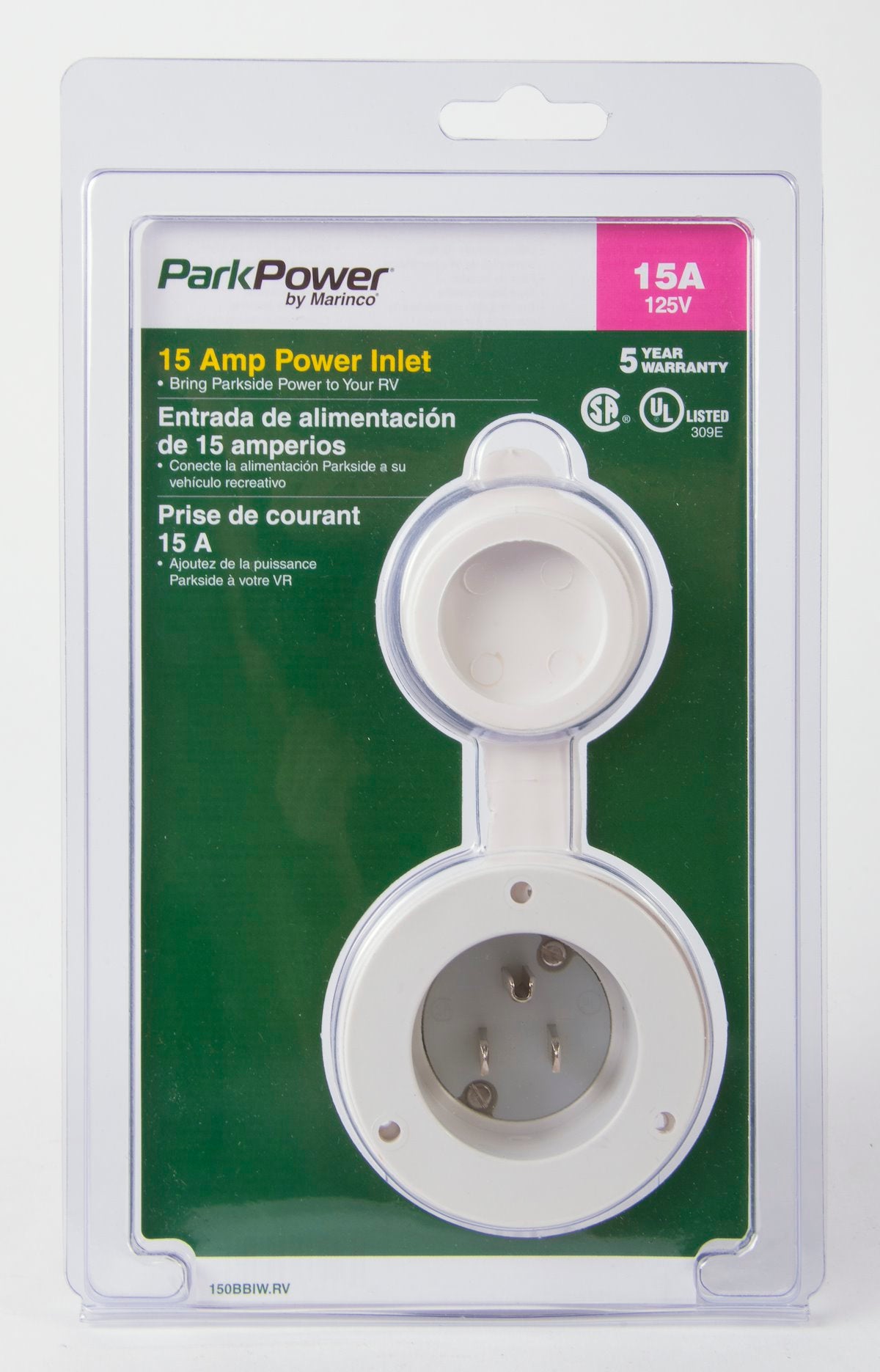 Marinco Power Inlet Port, 15 amp, 125 V AC, 2.5 in Diameter x 2.67 in Depth - 150BBIW.RV