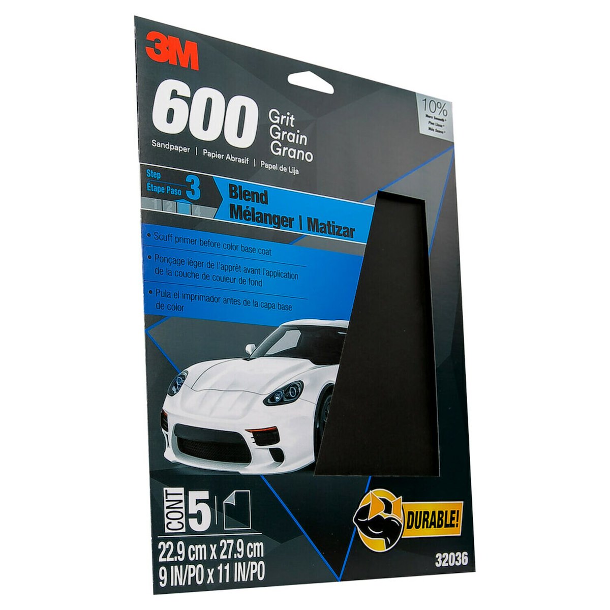 3M Sandpaper, P600 Grit, 9 in x 11 in, Aluminum Oxide, Pack of 5 - 32036