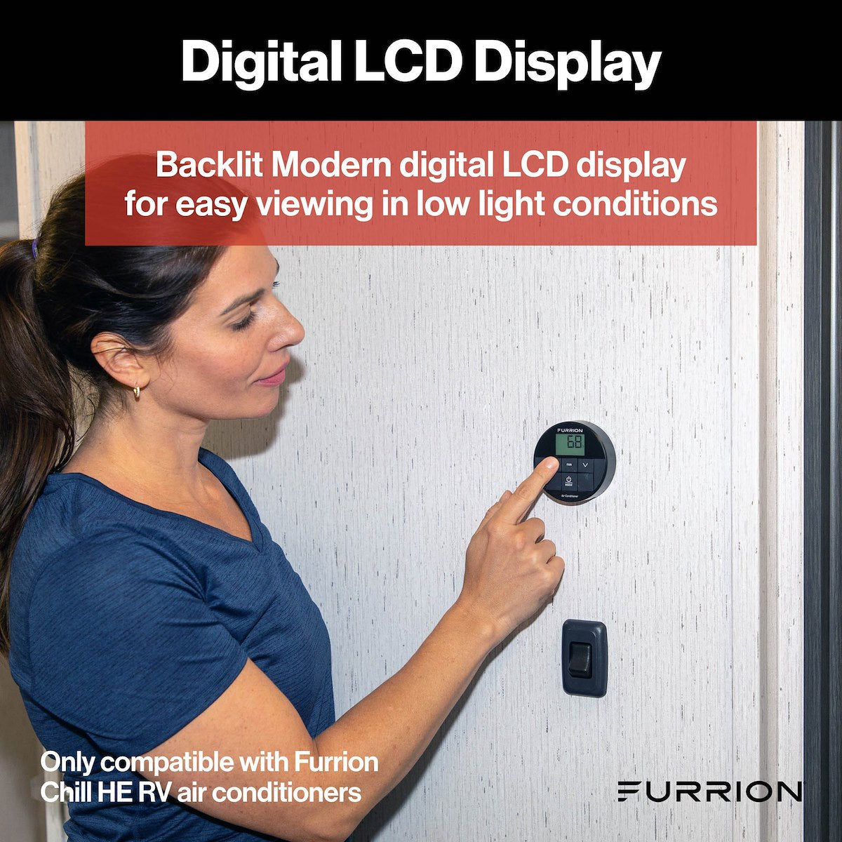 Furrion Wall Thermostat, Use With Furrion Chill  HE R32 Air Conditioners, LED Digital Readout, 12 V DC - FACW12ESZA2-BL-AM