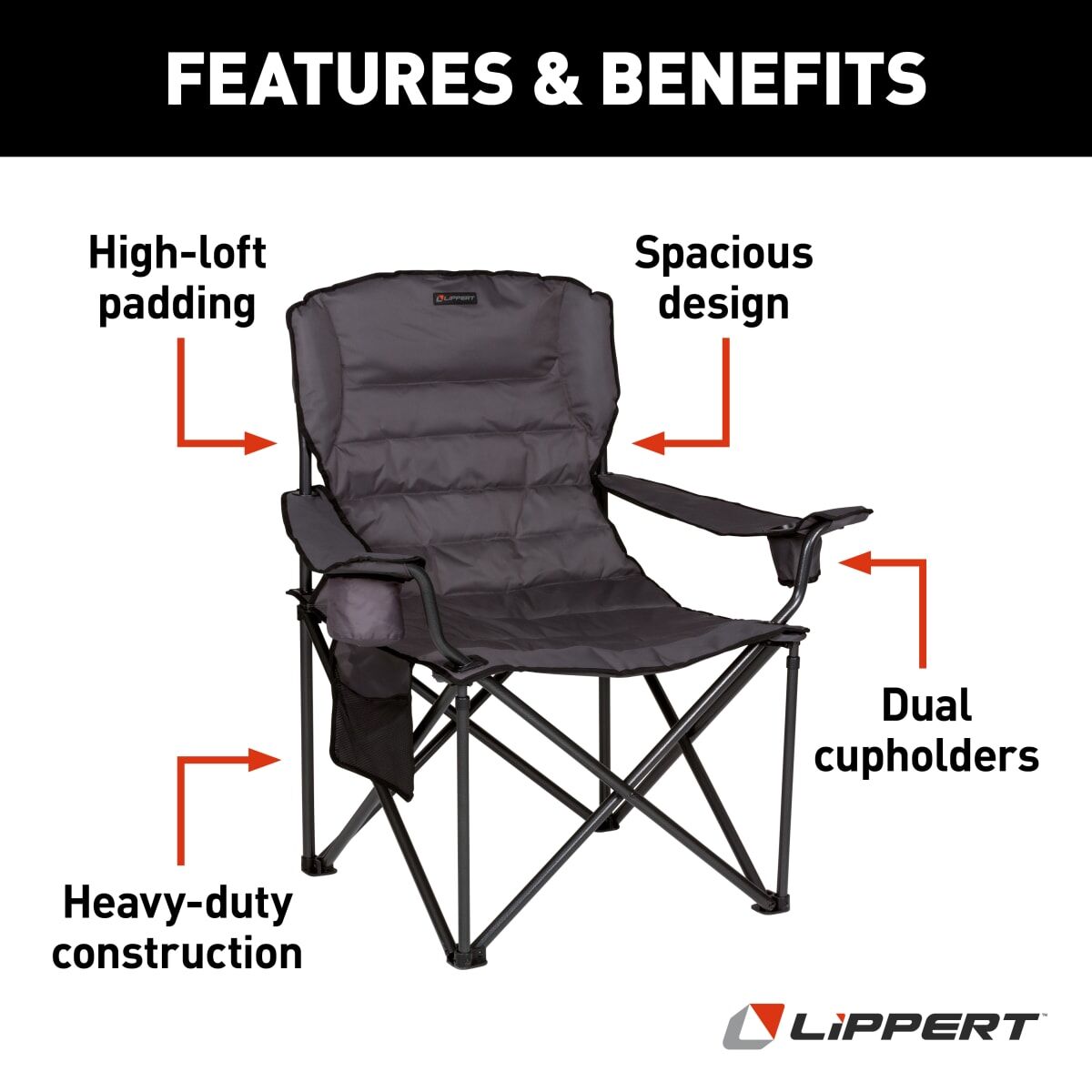 Lippert Camping Chair, 38-1/2 in Length x 26 in Height x 42 in Depth, 500 lb Weight Capacity - 2022114828