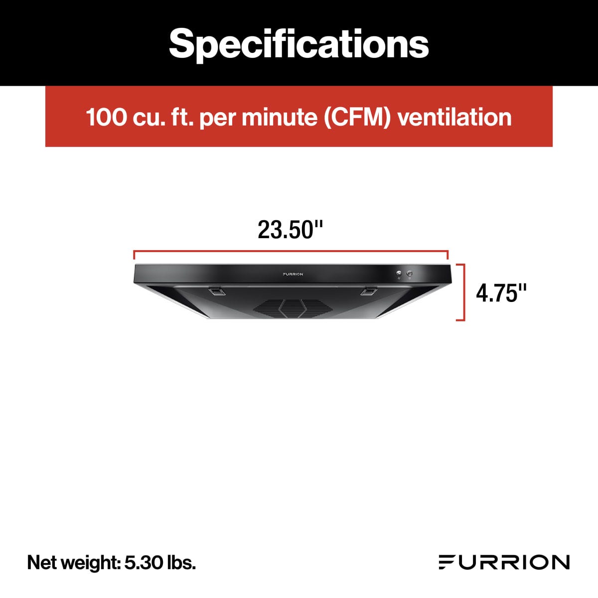 Furrion Stove Vent Hood, For 12 To 18 in Cabinet Depth, 10-11/16 in Width x 3-3/4 in Height Exhaust Duct, With LED Down Light - FHO23SACR-SS