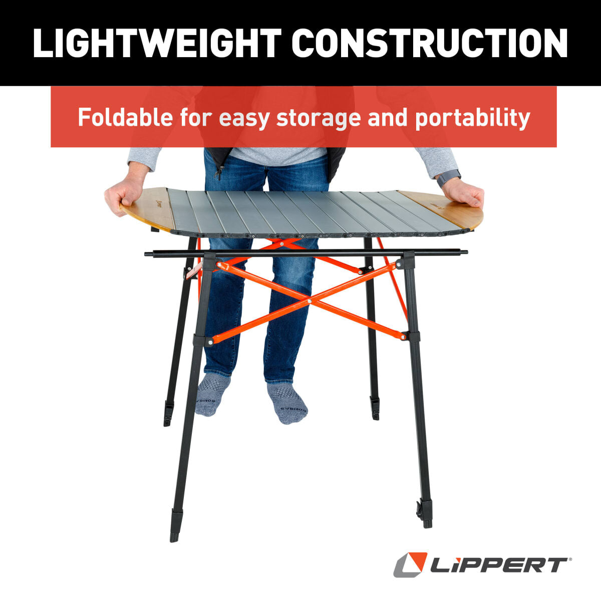 Lippert Table, 80 lb Weight Capacity, Powder Coated Aluminum Frame And Slatted Top With Bamboo Edges - 2023053727
