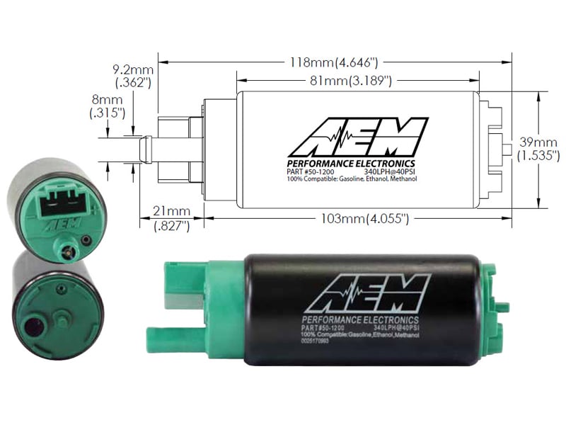 AEM Electronics Fuel Pump Electric, E85, 320 LPH at 43 PSI, 6 - 18 V - 50-1200