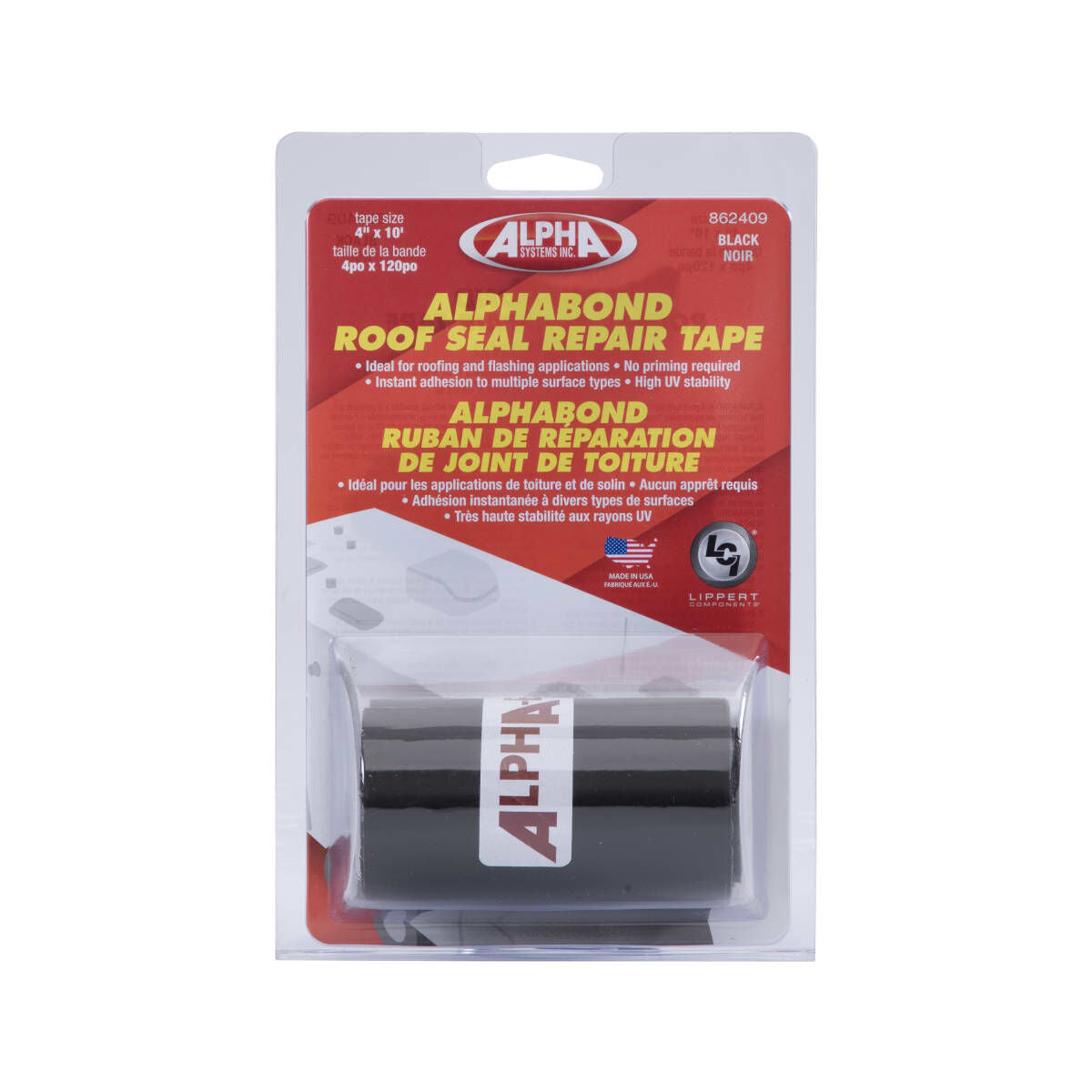 Lippert Roof Repair Tape, Alphabond/Alpha Systems QTPOBL410LCI, 4 in Width x 10 ft Roll, Black - 862409
