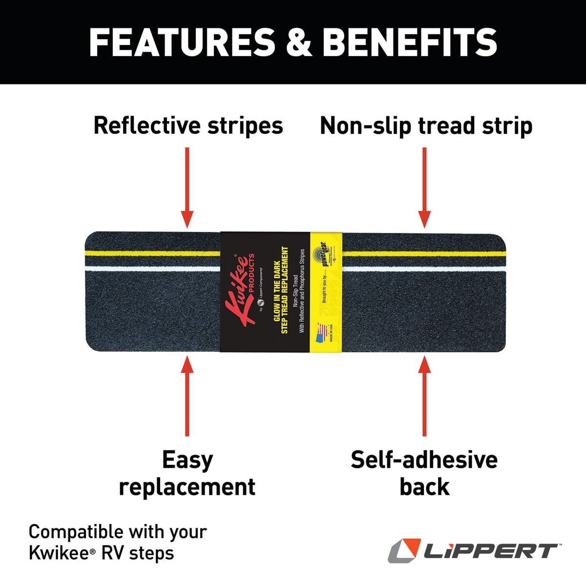 Lippert Entry Step Rug, 21 in Width, Black With Yellow Glow In The Dark Strip - 379600