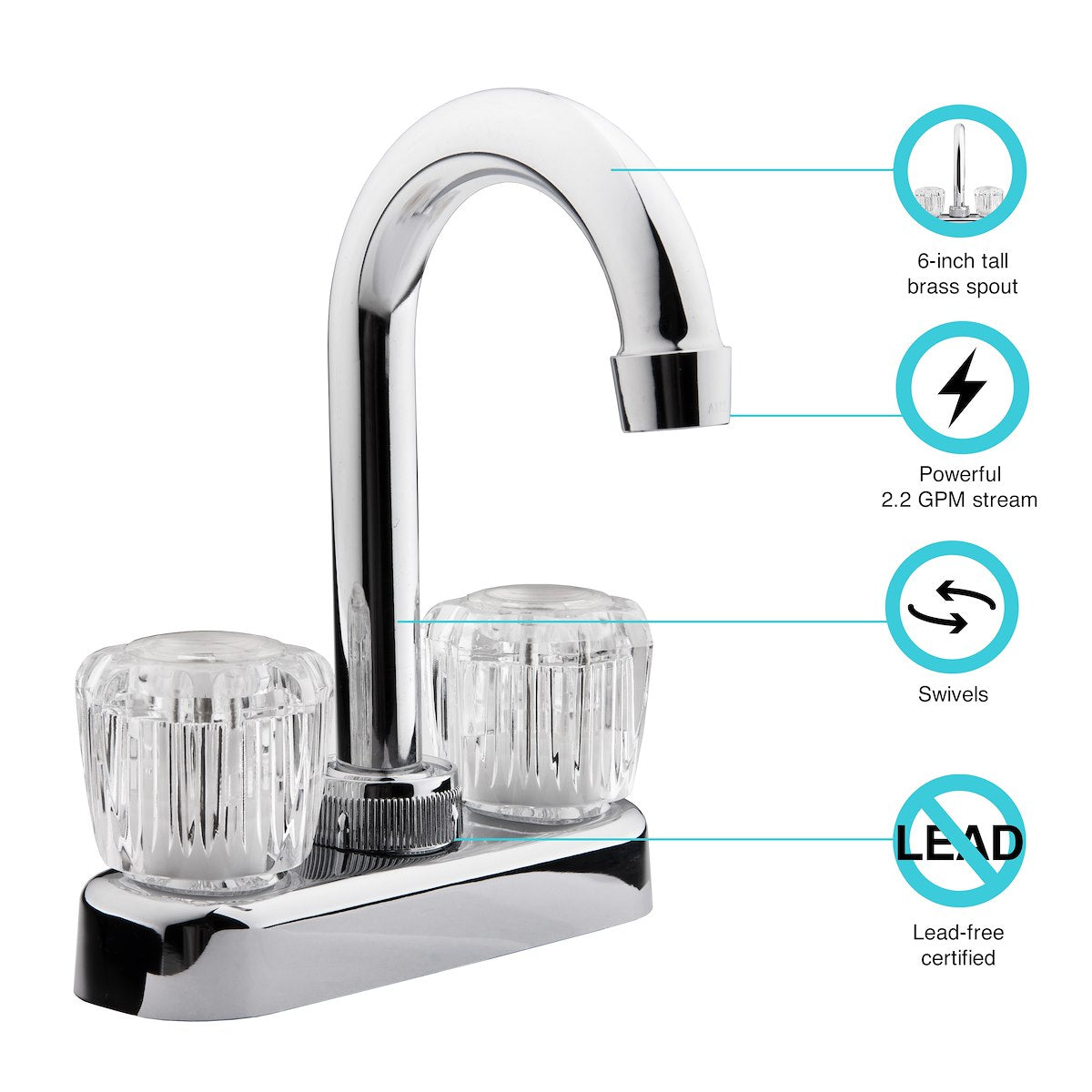 Dura Faucet Faucet, 6 in Hi-Arc Spout, 2 Clear Crystal Acrylic Knob Handle, Chrome Plated/Plastic Body/Brass Spout - DF-PB150A-CP