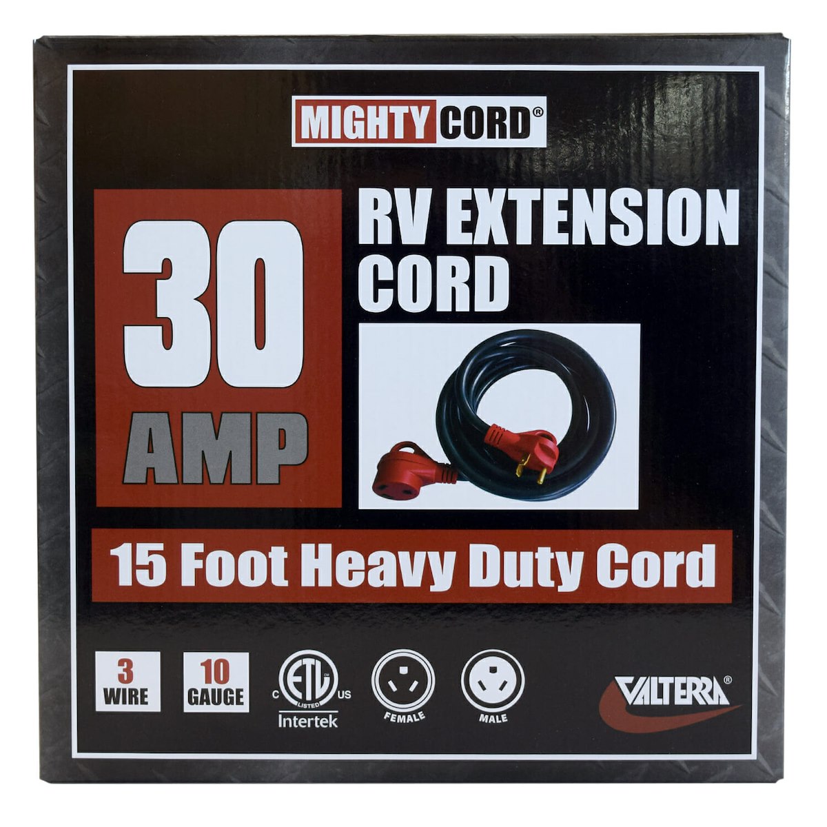 Valterra Power Cord, 30 amp, 15 ft Length, Male 3-Prong Plug And Female 3-Prong Plug - A10-3015EH