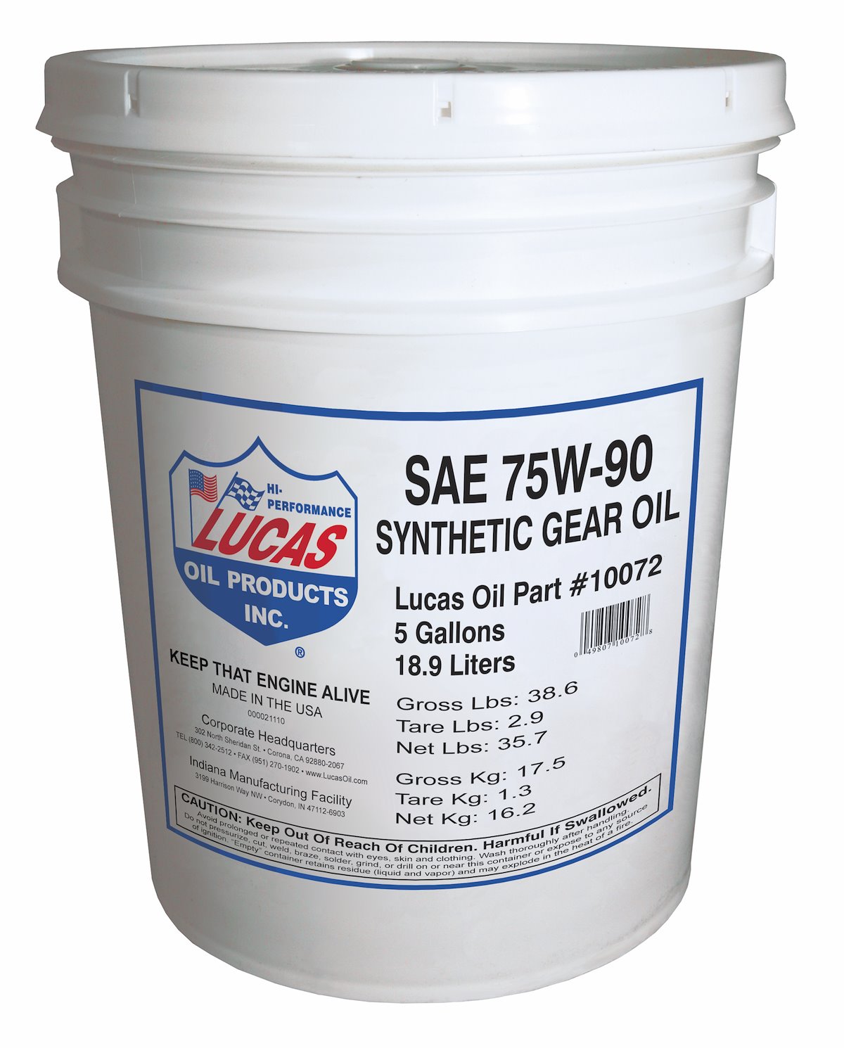 Lucas Oil Gear Oil, SAE 75W-90, 5 gal Pail - 10072