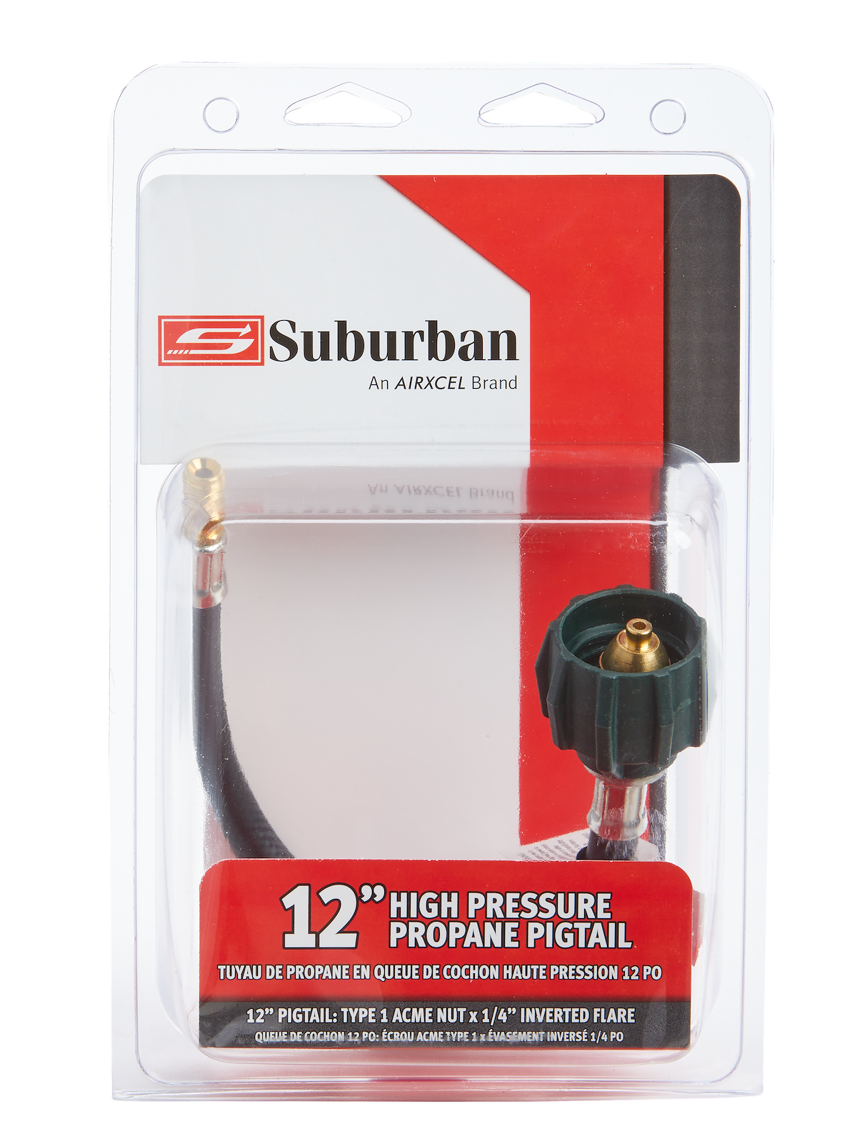 Suburban Mfg Propane Hose, 1/4 in Inside Diameter Pigtail Connector, Type 1 ACME Nut x 1/4 in Inverted Male Flare Connector, 12 in Length - 523005