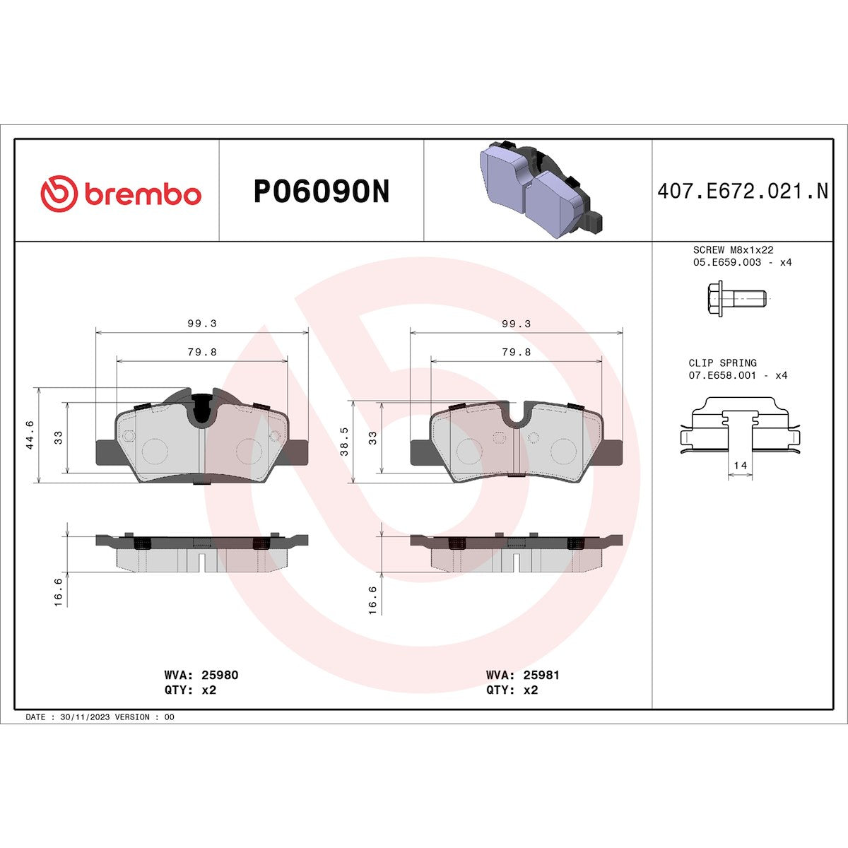 Brembo Brake Pad, FMSI Number D1800-9032, Ceramic, Set Of 4 - P06090N