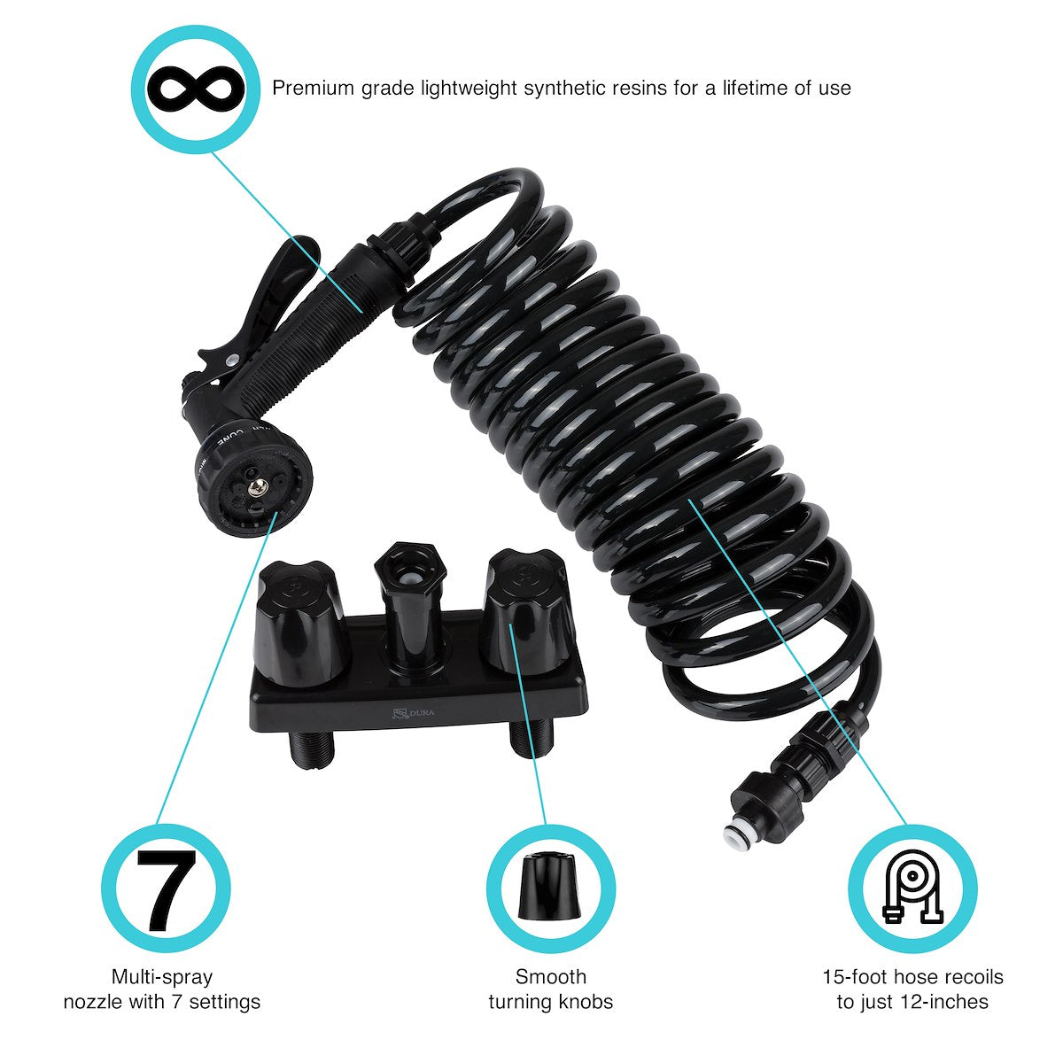 Dura Faucet Exterior Spray Port, Faucet Type With Quick Connect Valve With 15 in Coil Hose, 2 Knob Handle, Black - DF-SA186-BK