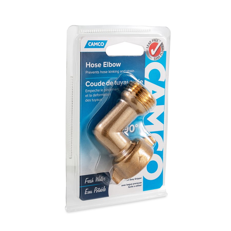 Camco Fresh Water Hose Connector, 90 degree Elbow With Gripper, Brass, Complies With CA and VT Regulations For Brass Content - 22504