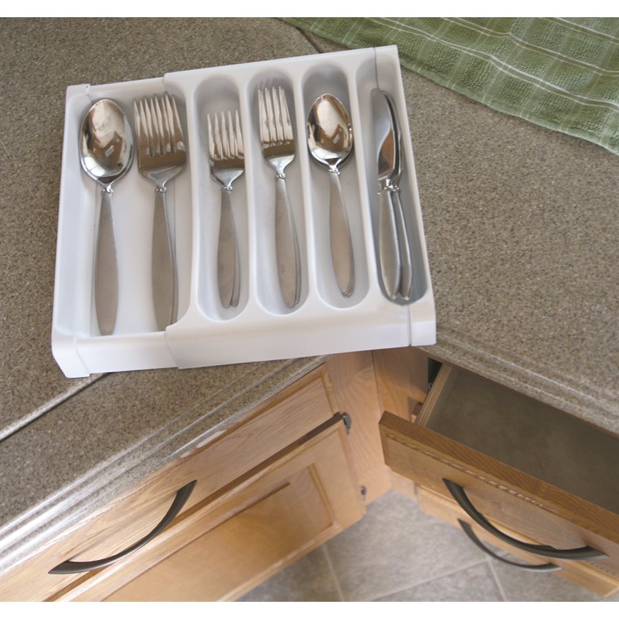 Camco Cutlery Tray, Adjustable From 9 in To 13 in Width x 1-3/4 in Height, With 5 Compartments, White - 43503