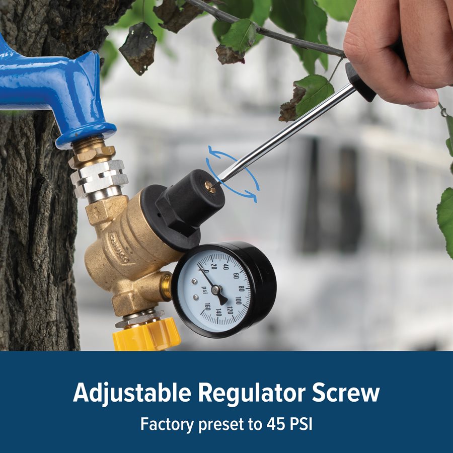 Camco Fresh Water Pressure Regulator, Adjustable/Factory Preset To 45 PSI, Brass - 40058