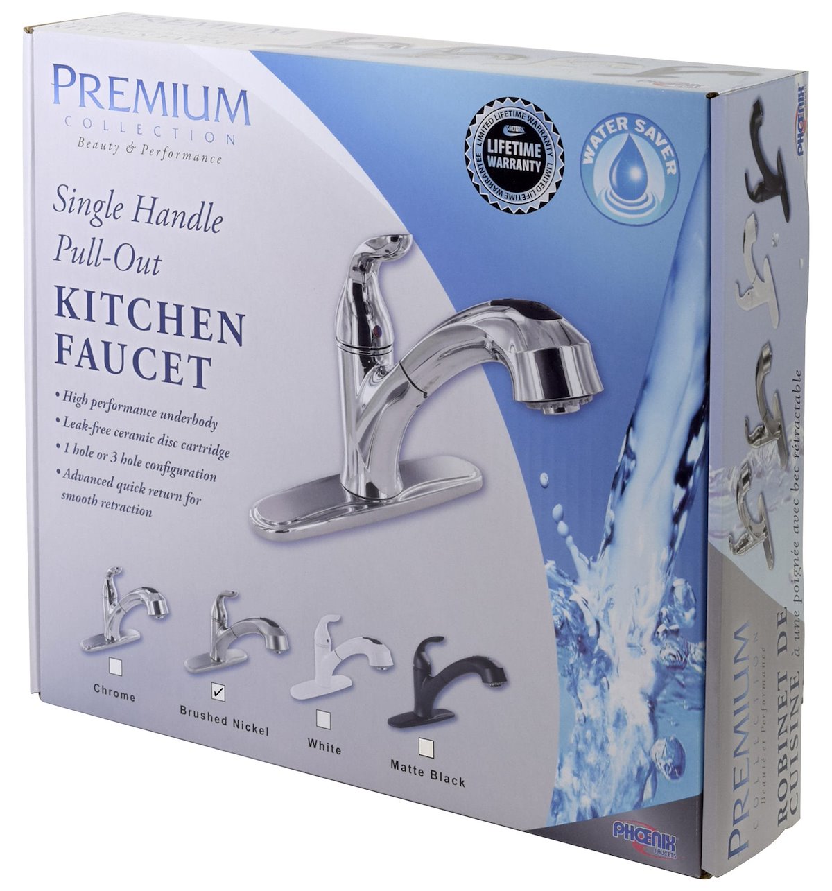 Phoenix Products Faucet, 10 in Pull Out Spout, 1 Hole Or 3 Hole Application, Ceramic Disc Valve - PF231441