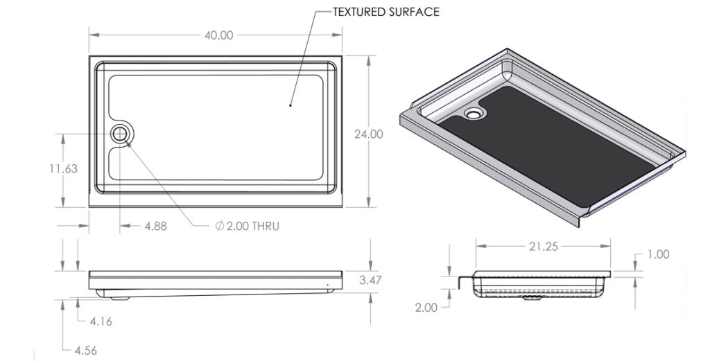 Specialty Recreation Shower Pan, 24 in x 40 in x 3.47 in To 4.16 in, White - SP2440WL