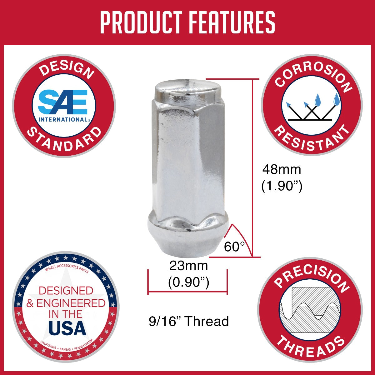 Coyote Wheel Accessories Lug Nut, 9/16 in x 18 Thread Size, 60 degree Conical Bulge, 1.90 in Overall Length, Box Of 25 - 301167