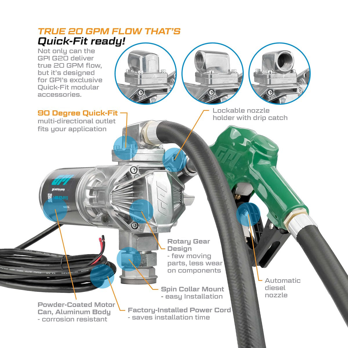 GPI Liquid Transfer Tank Pump, G20 Series, 12 V DC, 20 gal Per Minute - 162000-03