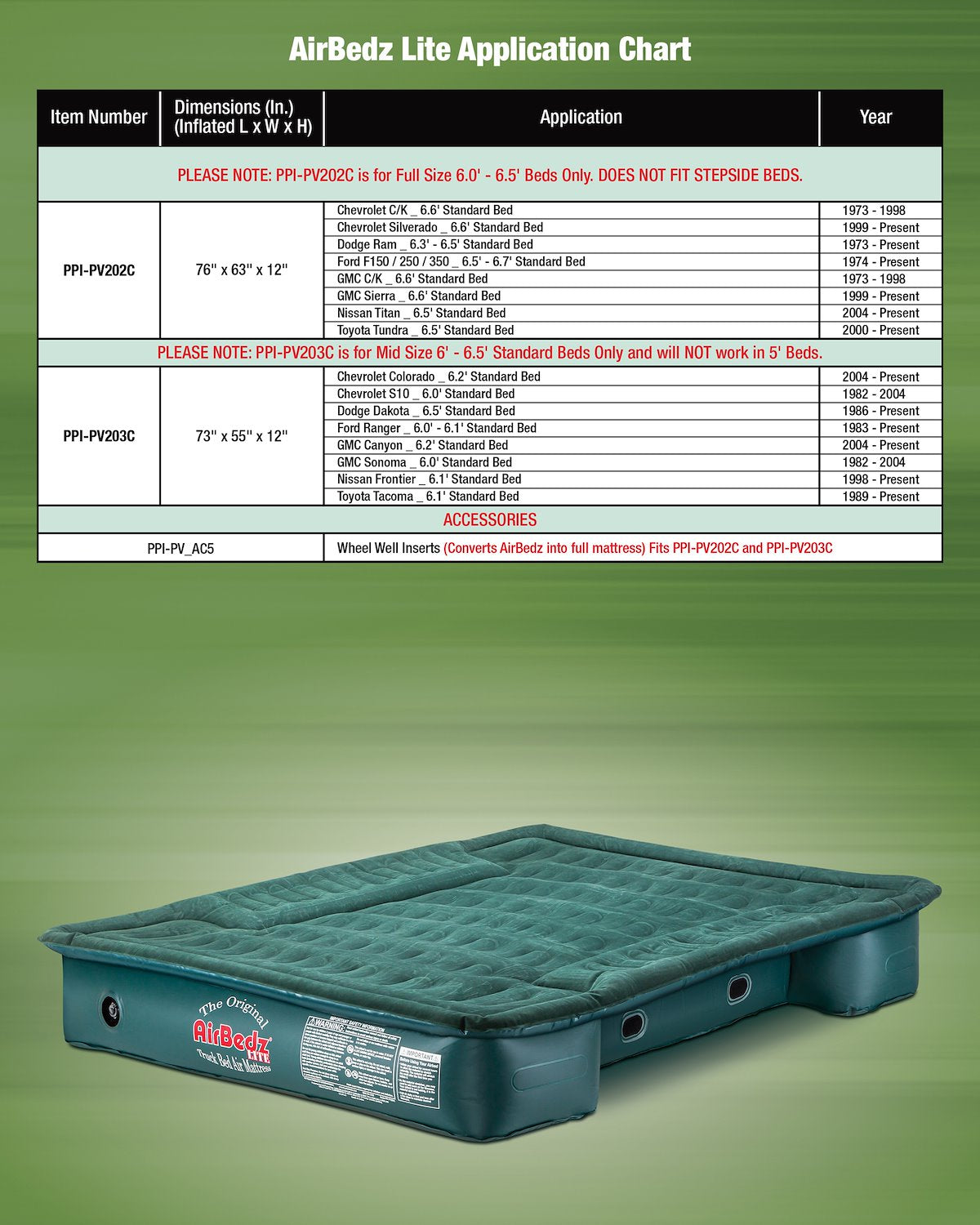 AirBedz by Pittman Outdoors Truck Bed Air Mattress, 72 in Length X 55 in Width X 12 in Height Inflated - PPI-PV203C