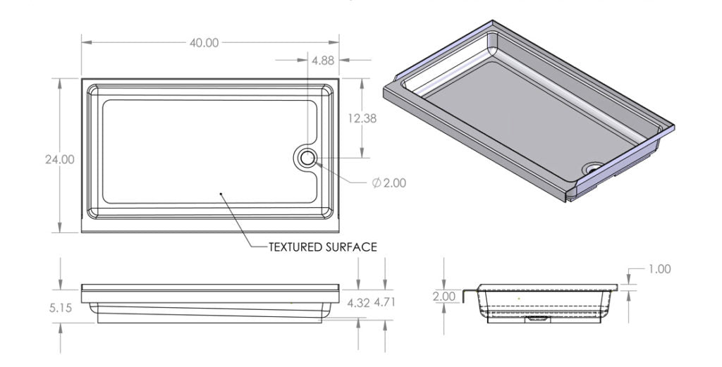 Specialty Recreation Shower Pan, 24 in x 40 in x 5.51 in, White - SP2440WR
