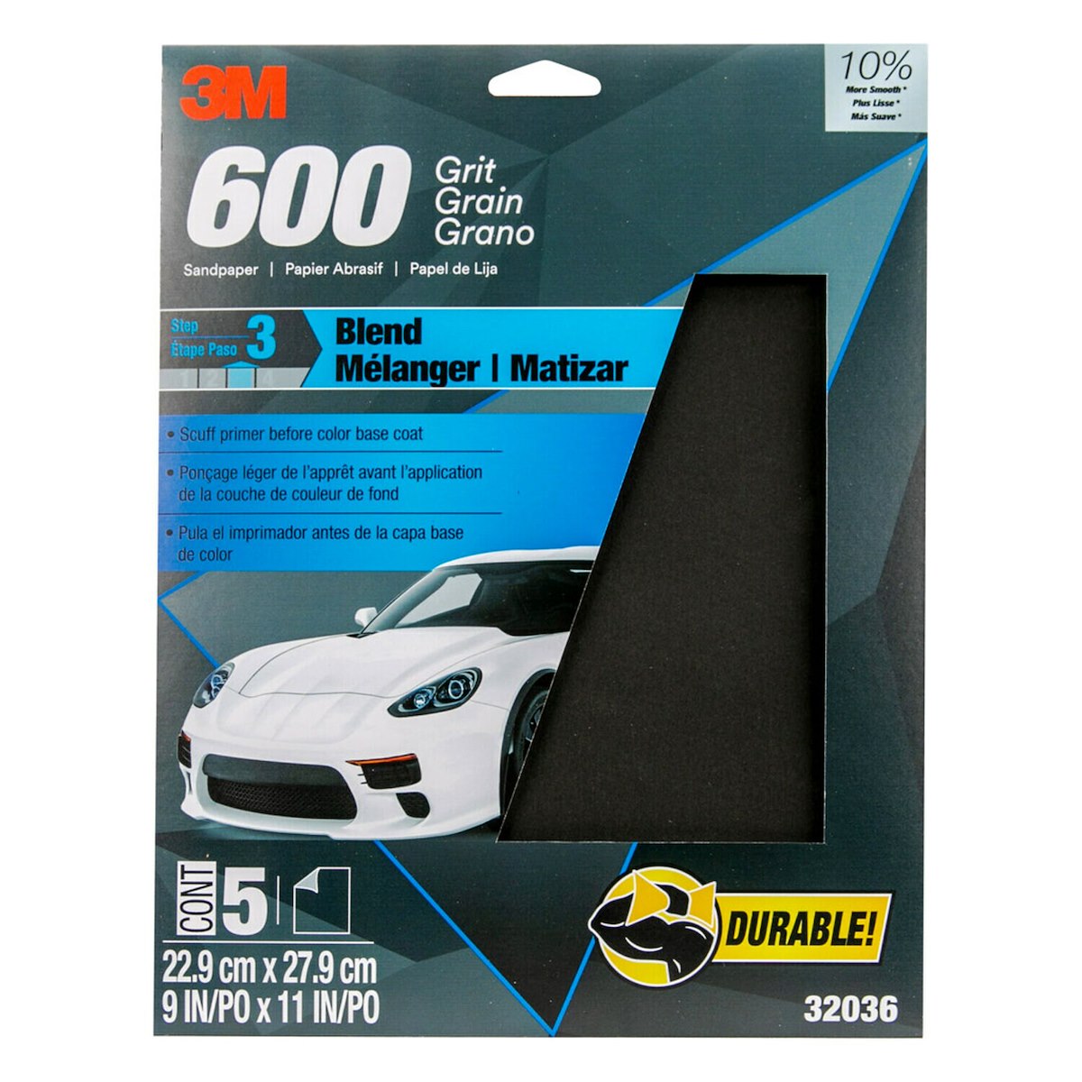3M Sandpaper, P600 Grit, 9 in x 11 in, Aluminum Oxide, Pack of 5 - 32036