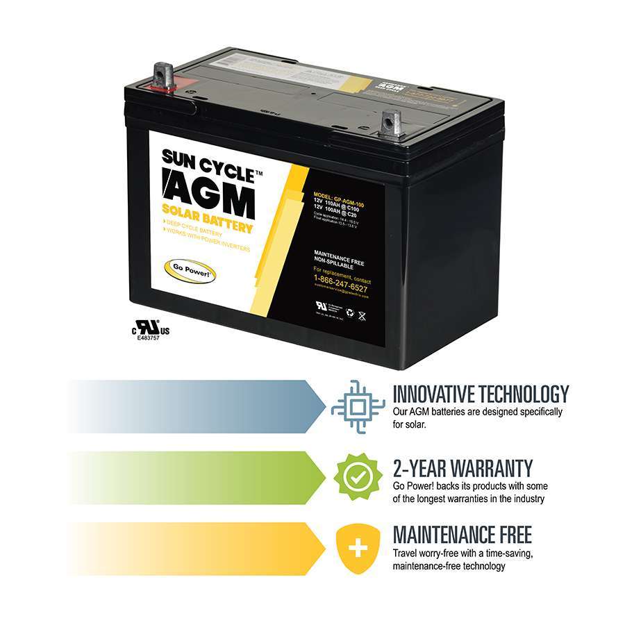 Go Power Battery, 12 V, 100 amp, T14 Dual Fit Top Terminal - GP-AGM-100-12V