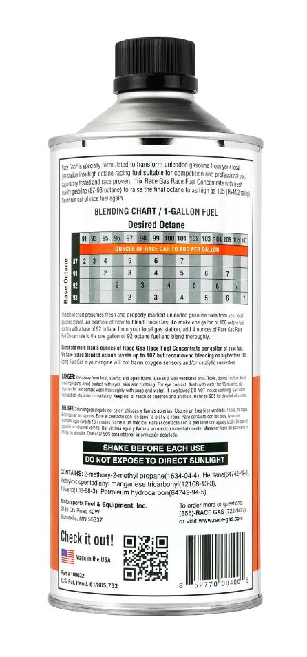 Race Gas Fuel Additive, 32 oz Bottle, Used To Boost Octane Ranging 100 To 105/For 87 To 93 Octane Gas - 100032