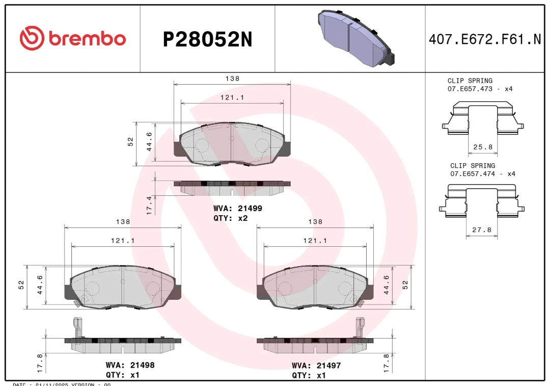 Brembo Brake Pad, FMSI Number D764-7632, Ceramic, Set Of 4 - P28052N