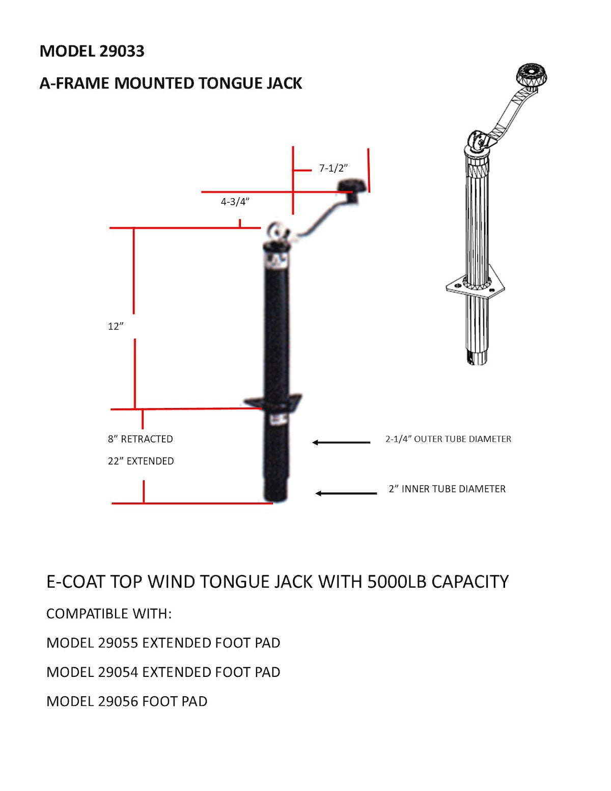 BAL RV Trailer Tongue Jack, 5000 lb Capacity, 14 in, 8 in Retracted x 22 in Extended - 29033B