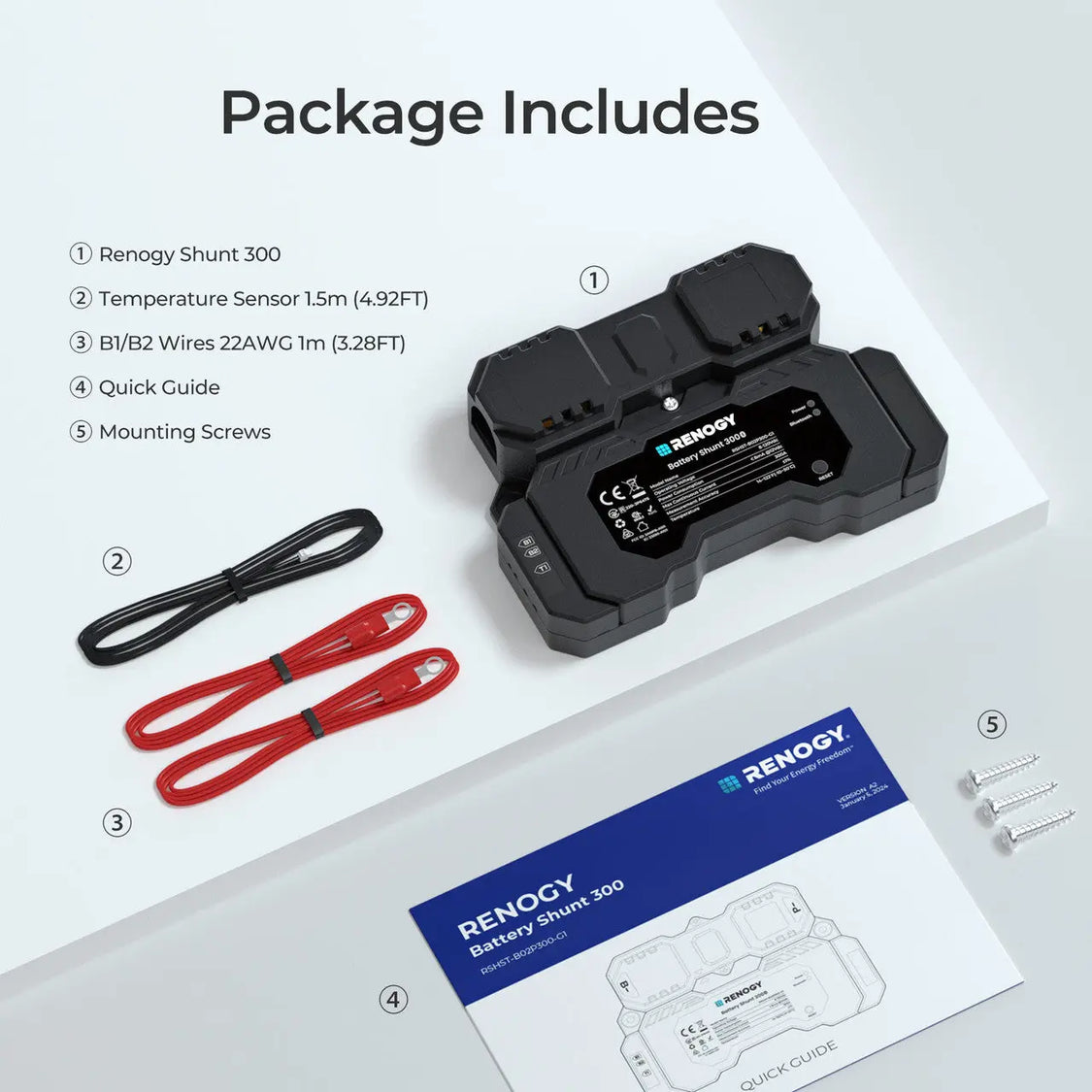 Renogy Shunt, With 3 Mounting Screws/2 B+ Wires 22 AWG And 1 Temperature Sensor - RSHST-B02P300-G1-US