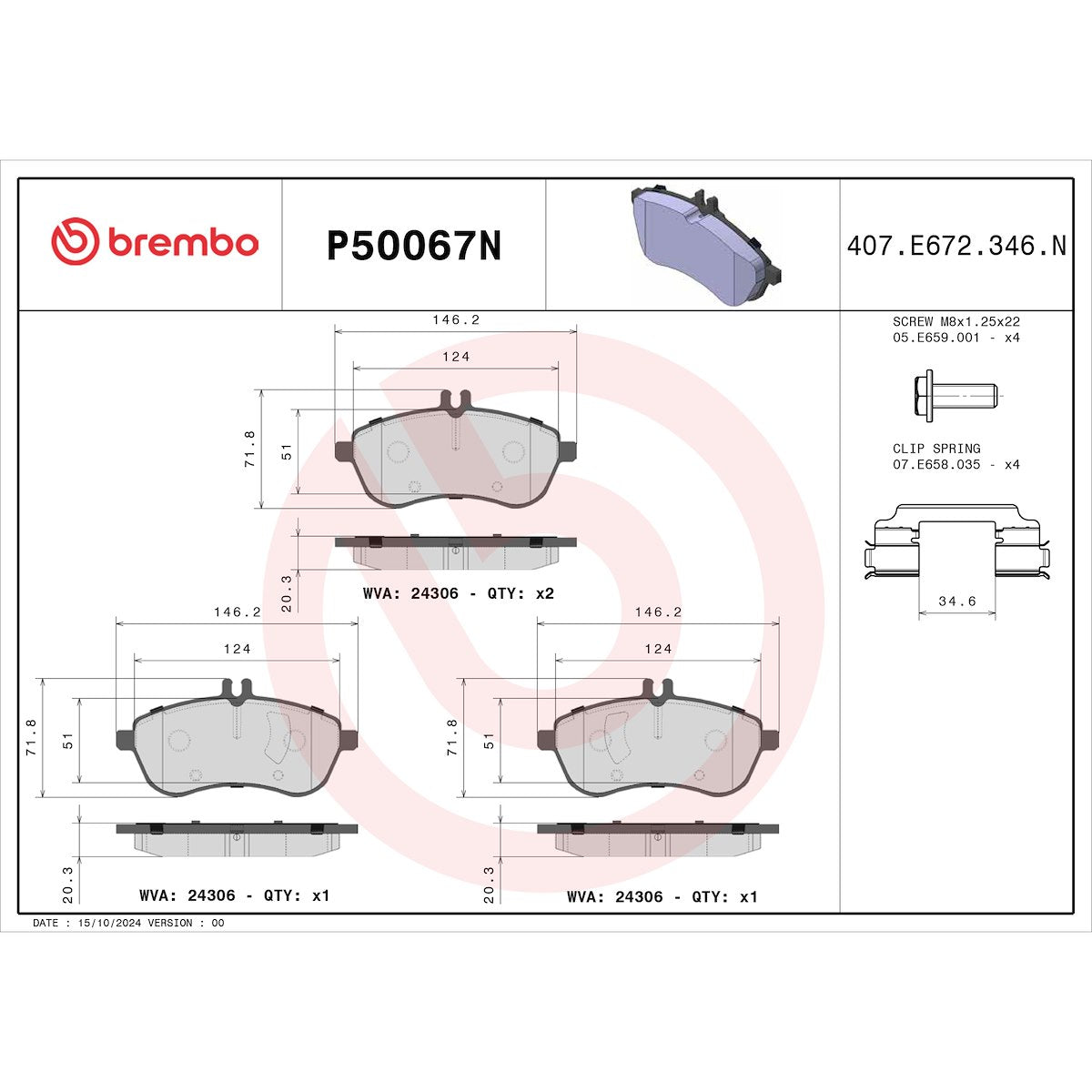 Brembo Brake Pad, FMSI Number D1340-8451, Ceramic, Set Of 4 - P50067N