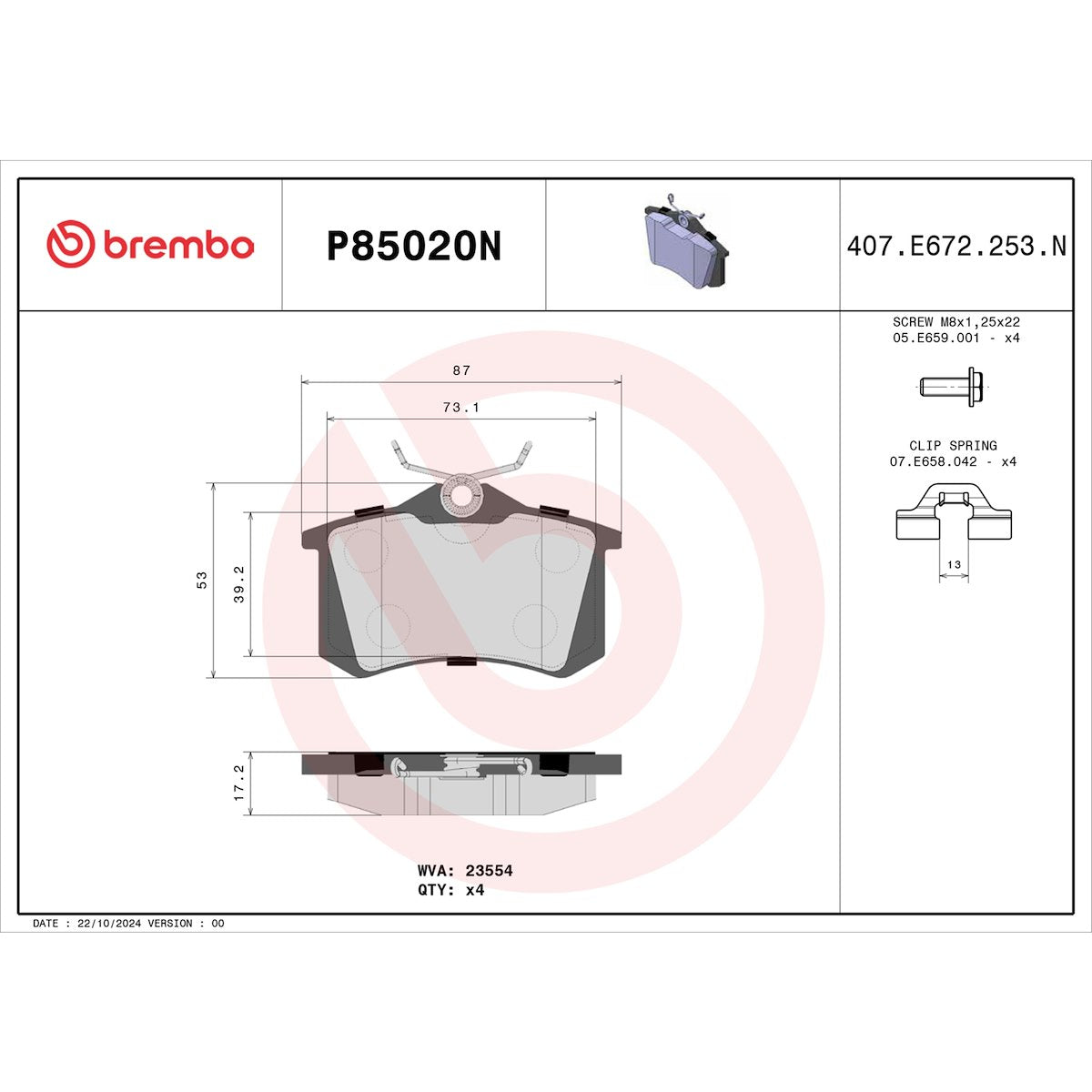 Brembo Brake Pads P85020N product image 5