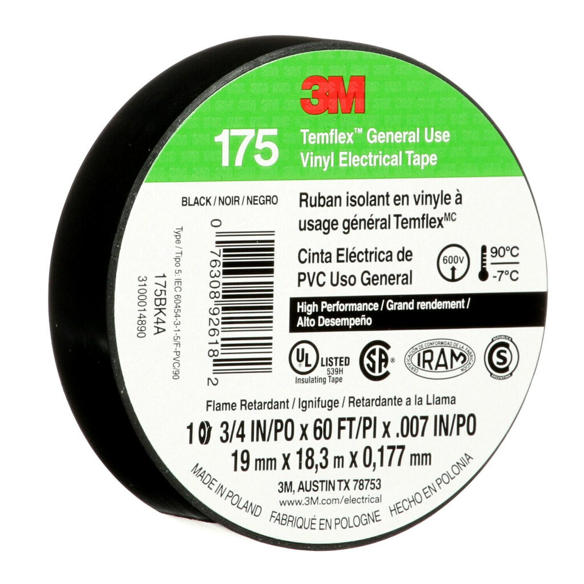 3M Electrical Tape, 3/4 in Width x 60 ft Length, 7 Mil Thick, Black - 92618