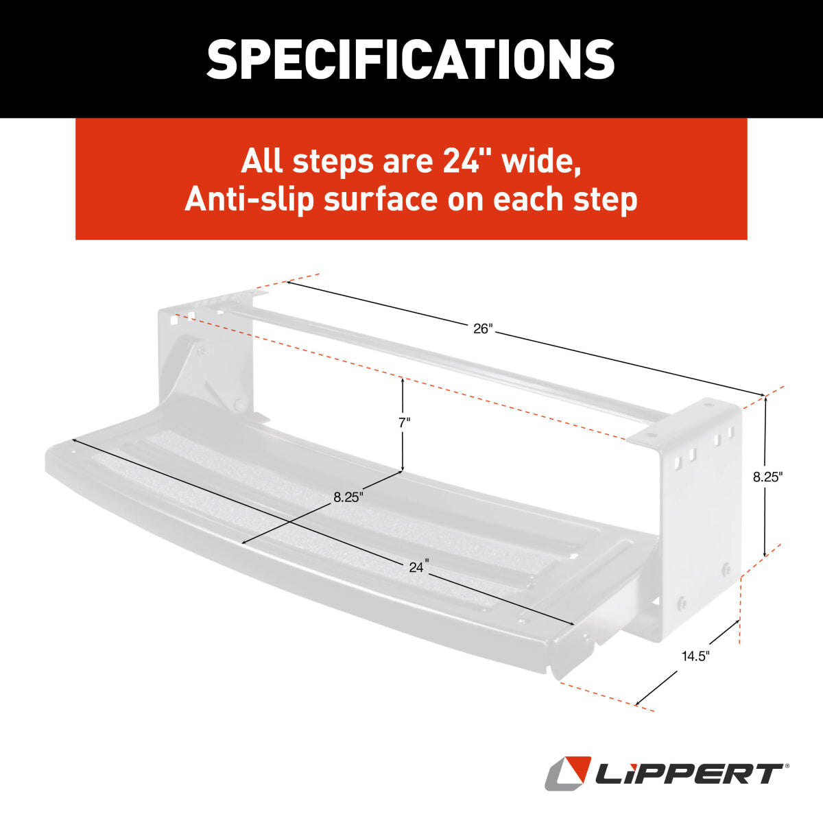 Lippert Entry Step, 24 in Width x 7 in Depth, Powder Coated Black Heavy Gauge Steel - 432678
