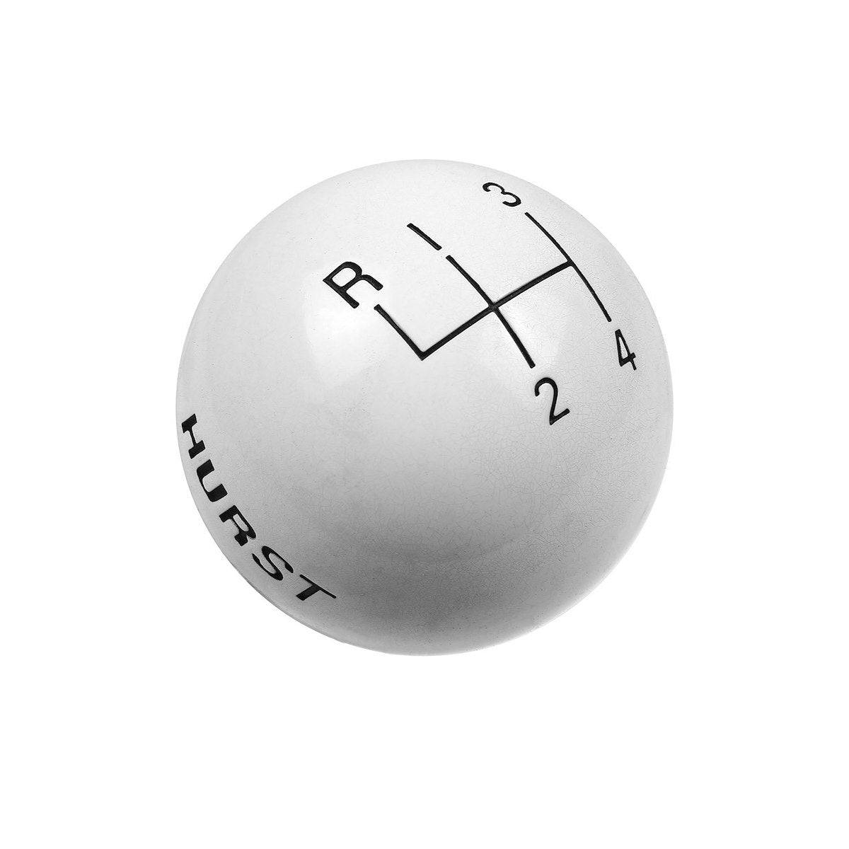 Hurst Manual Trans Shifter Knob, SAE 3/8-16, Round With 4 Speed Pattern/Hurst Logo, White - 1637626