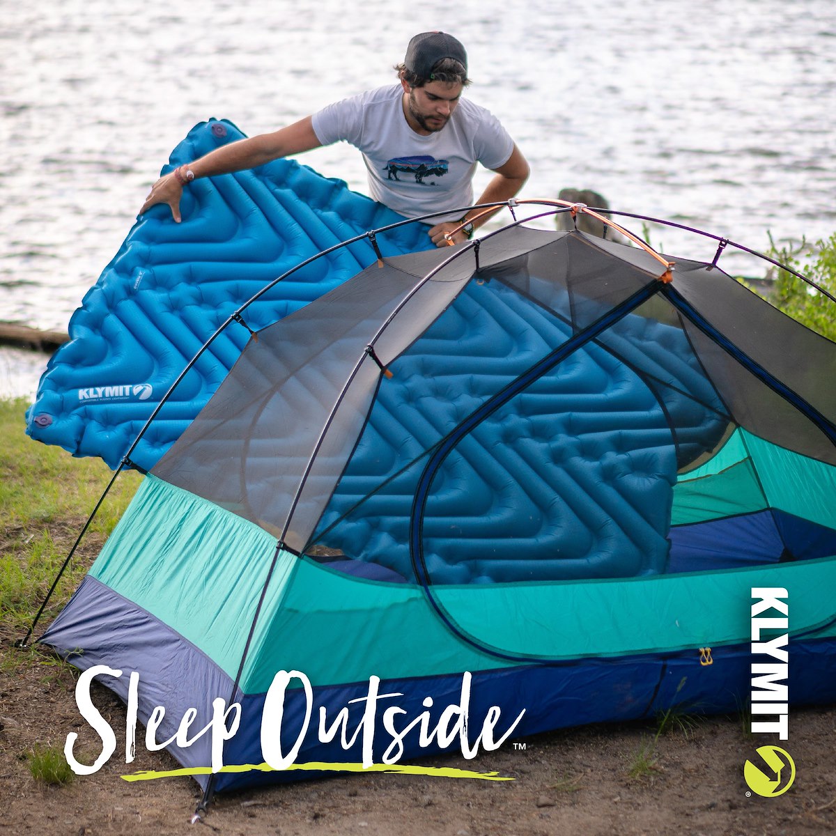 Klymit Sleeping Pad, 74 in Length x 47 in Width x 3 in Height Inflated Double, Blue, 75D Polyester Fabric - 06DVBL02E