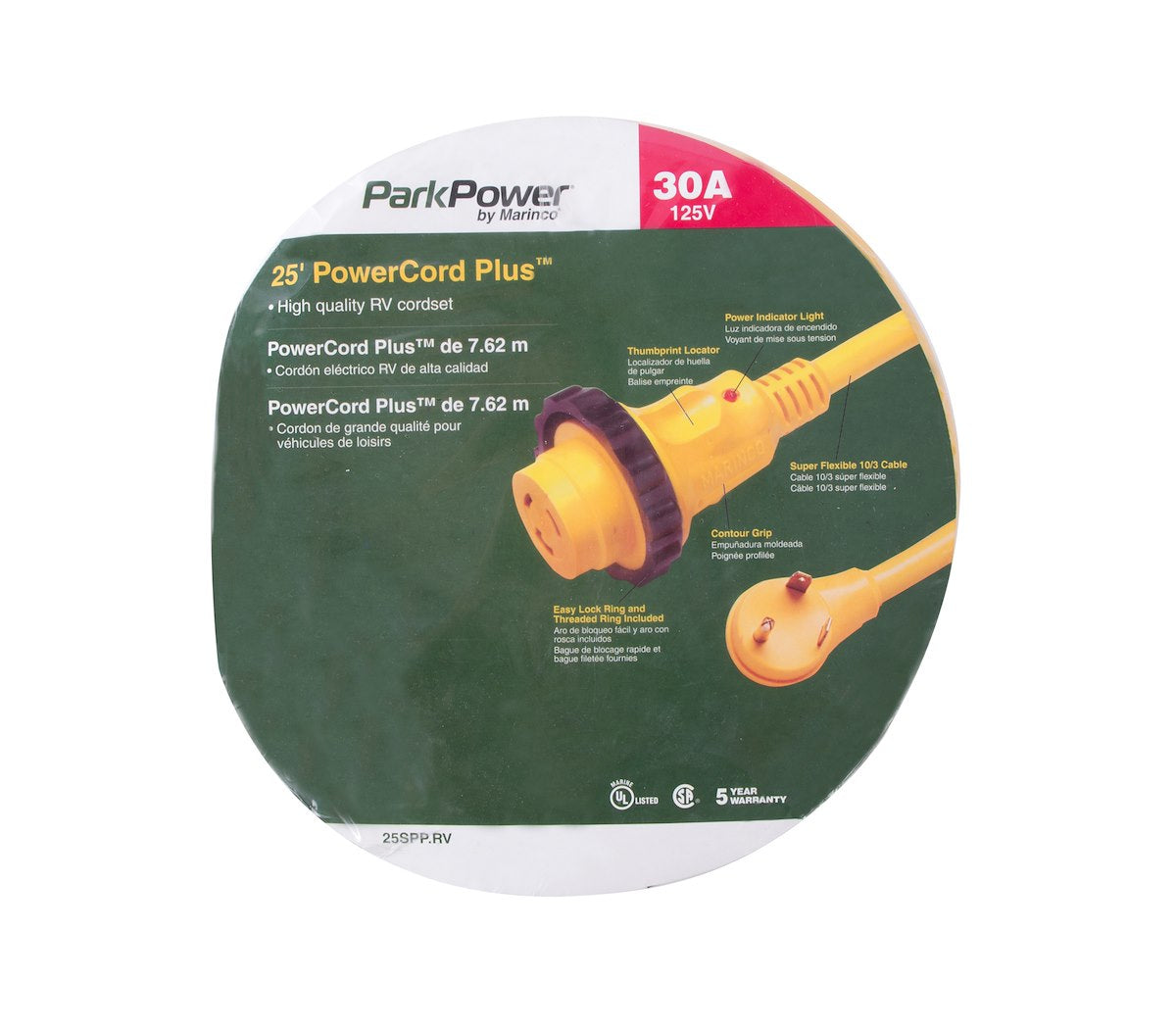 Marinco Power Cord, 3 Prong Male Plug On Park Side And Female Connector On RV Side, 30 amp, 6 Gauge - 25SPP.RV