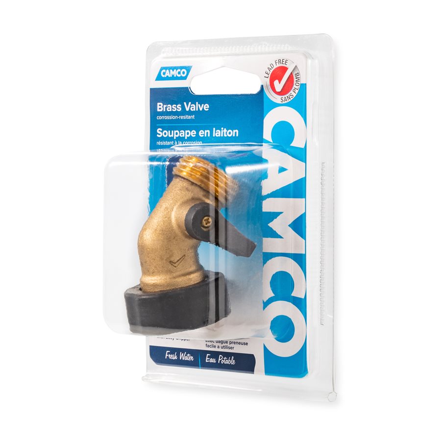 Camco Fresh Water Fill Hose Shut Off Valve, 45 degree Valve, Brass, Complies With CA and VT Regulations For Brass Content - 20173