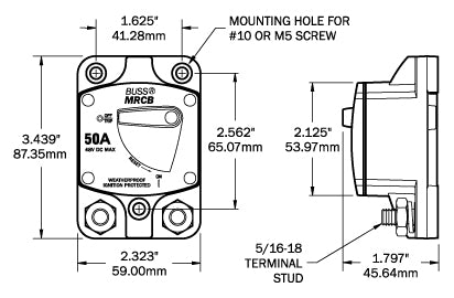 Blue Sea Circuit Breaker, 187 Series, 60 amp/48 V DC, 5/16 in-18 Stud Terminal - 7140-BSS