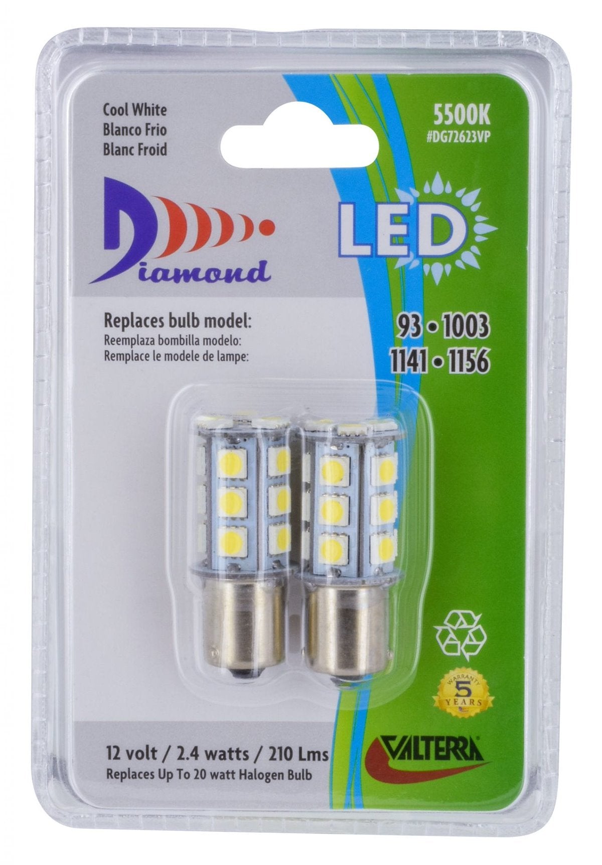 Valterra Multi Purpose Light Bulb - LED, Replacement For 1141/1156 Bulbs, LED Tower Bulb, Cool White/Daylight/Bright White, Pack Of 2 - DG72623VP