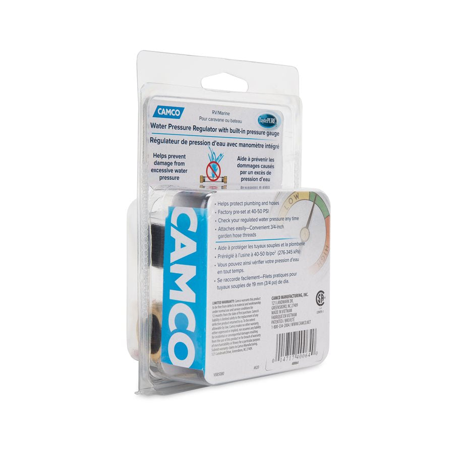 Camco Fresh Water Pressure Regulator, Brass, Preset Pressure Range of 40-50 PSI, Complies With CA and VT Regulations For Brass Content - 40064