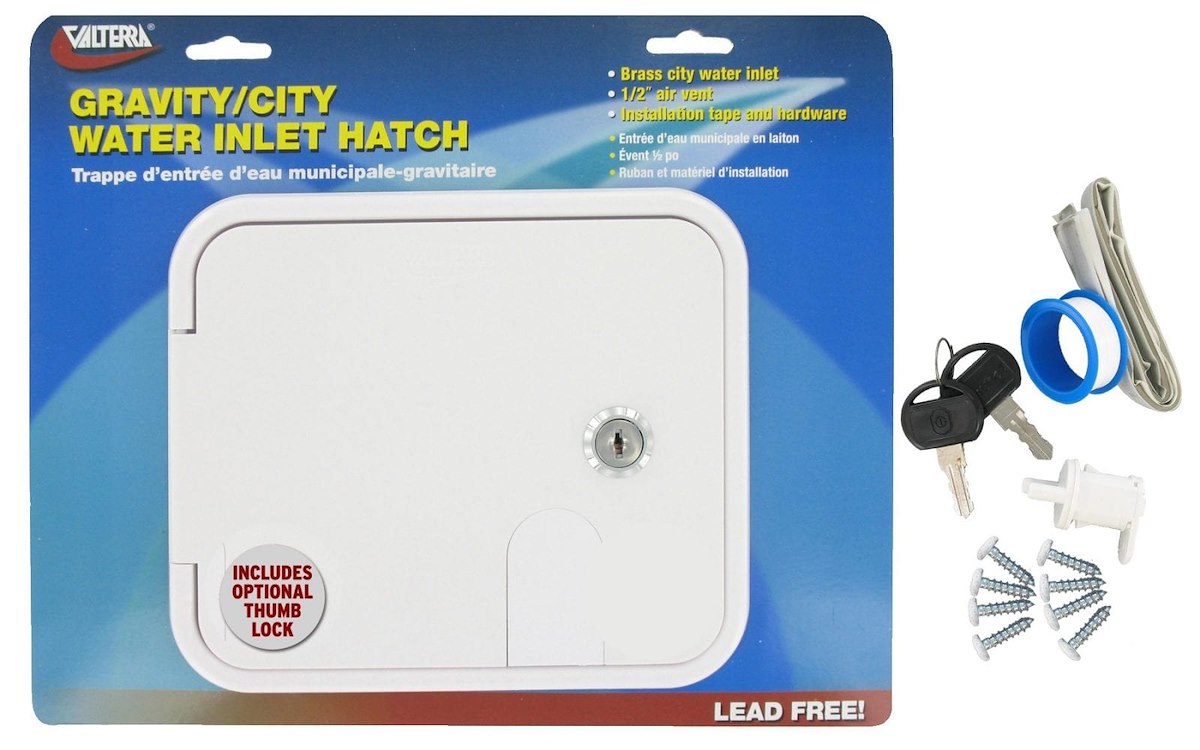Valterra Fresh Water Inlet, 1/2 in Male Pipe Thread/1-1/4 in Barb Connection/1/2 in Air Vent, For 5-7/8 in Width x 4-3/4 in Height Cutout - A01-2000VP