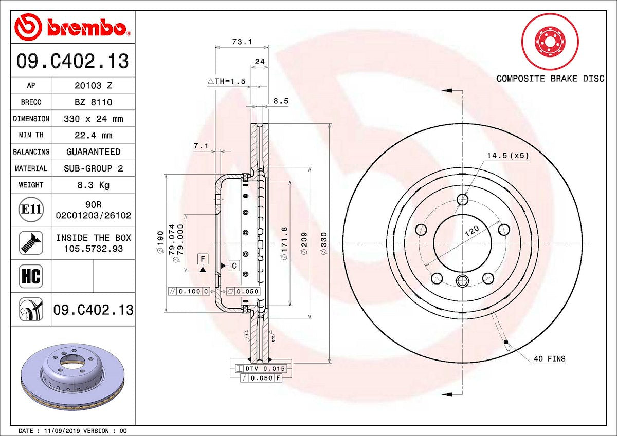 Brembo Brake Rotors 09C40213C02 product image 3