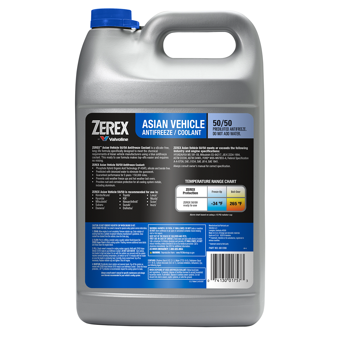 Zerex Engine Coolant, Pre-Mixed 50-50, Blue, Service Life Of Up To 5 Years Or 150,000 Miles - 861398