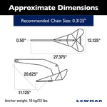 Lewmar Anchor, Holds Up To 42 ft Length Boat, 22 lb, 27-3/8 in Length x 12-1/8 in Width - 0057410