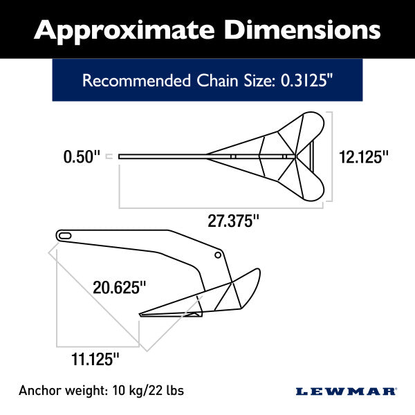 Lewmar Anchor, Holds Up To 42 ft Length Boat, 22 lb, 27-3/8 in Length x 12-1/8 in Width - 0057410