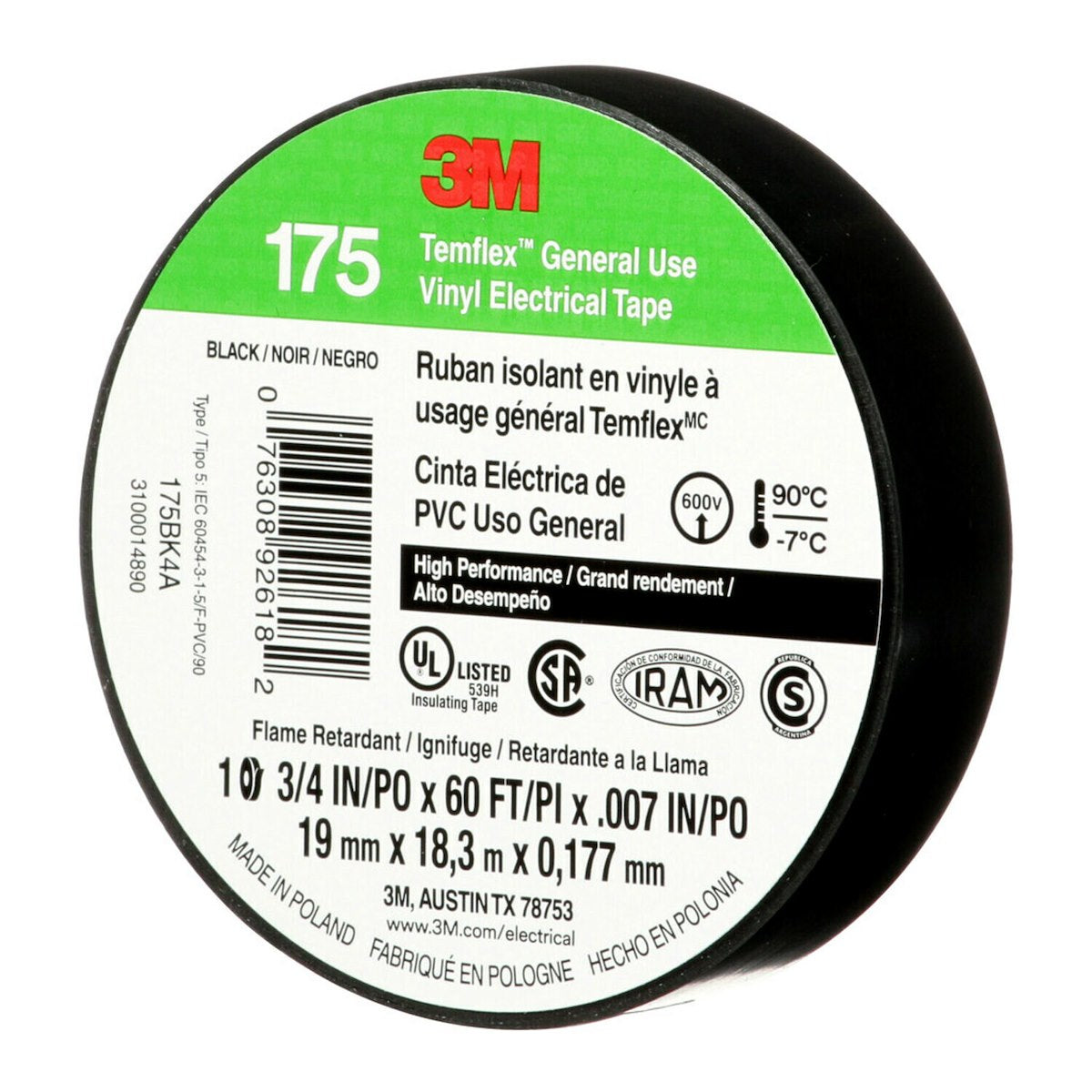 3M Electrical Tape, 3/4 in Width x 60 ft Length, 7 Mil Thick, Black - 92618