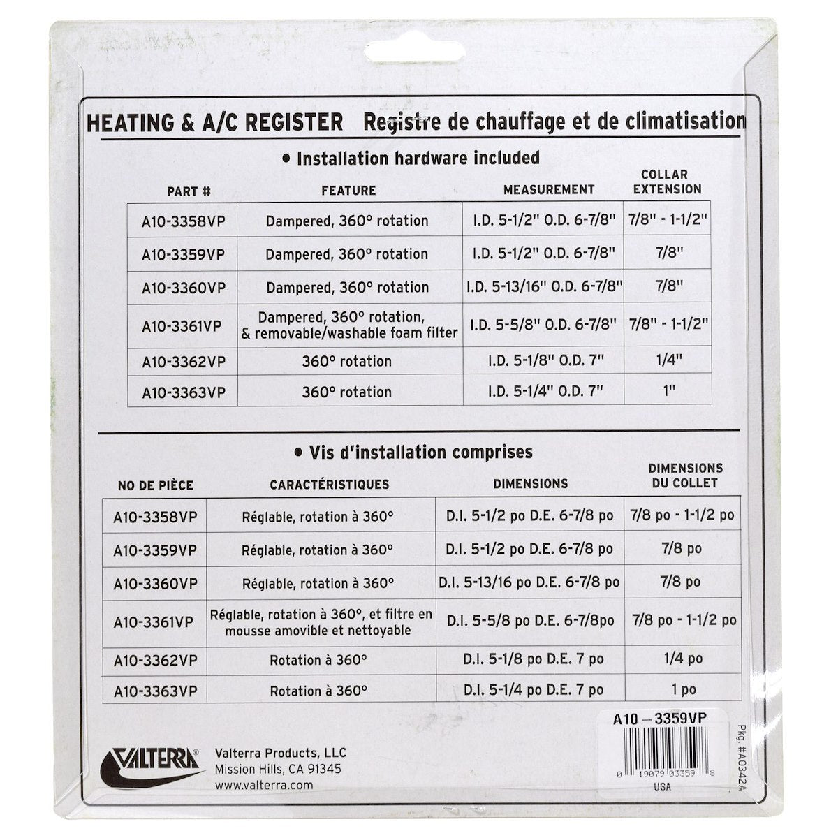Valterra Heating/Cooling Register, 5 in Diameter, 7/8 in Collar, 360 degree Rotating/Dampered Vane Air Return - A10-3358VP