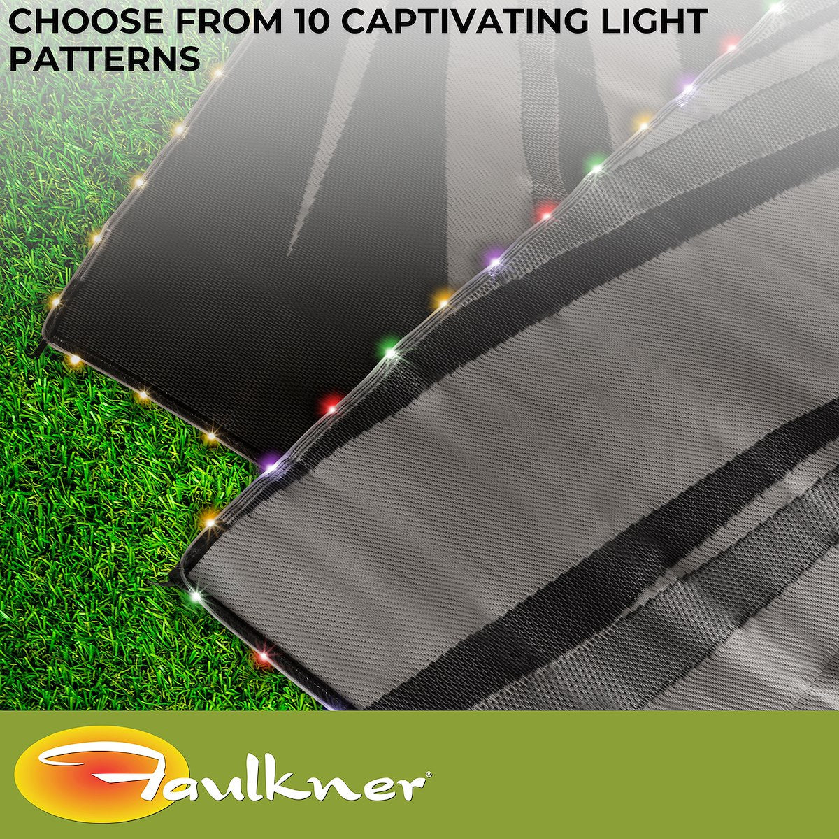 Faulkner Patio Mat, 12 ft Length x 9 ft Width, Reversible Black/Gray Fabric, Solar Powered Multicolor Or White LED Lights - 53024