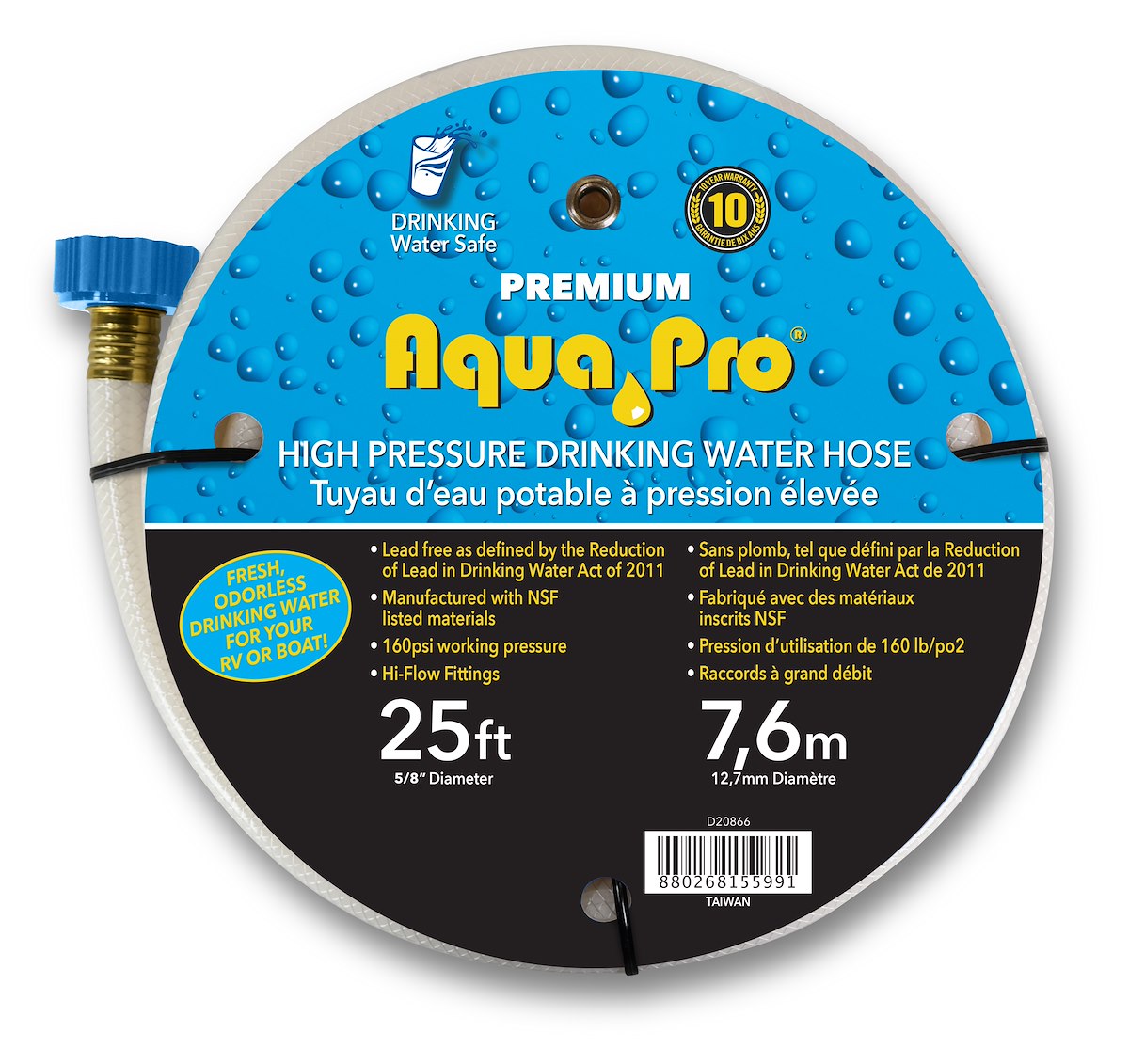 Aqua Pro Fresh Water Hose, 5/8 in Diameter, 25 ft Length, 160 PSI Working Pressure - W20866